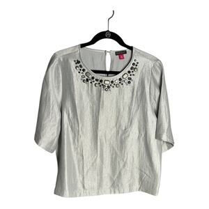 Vince Camuto Shimmery Silver Short Sleeve Top With Beaded Neckline Size Medium